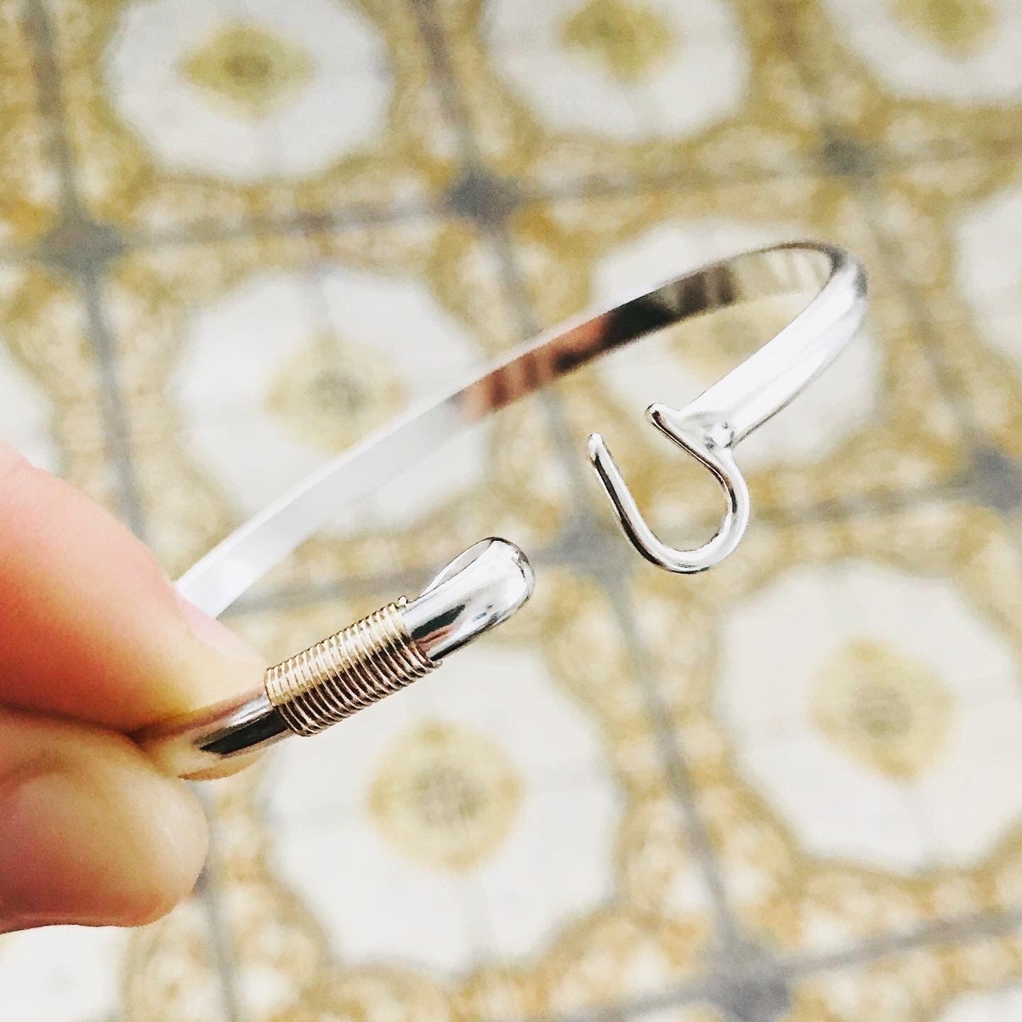 Vieques Caribbean Hook Bracelet in solid .925 Sterling Silver 4mm with Gold