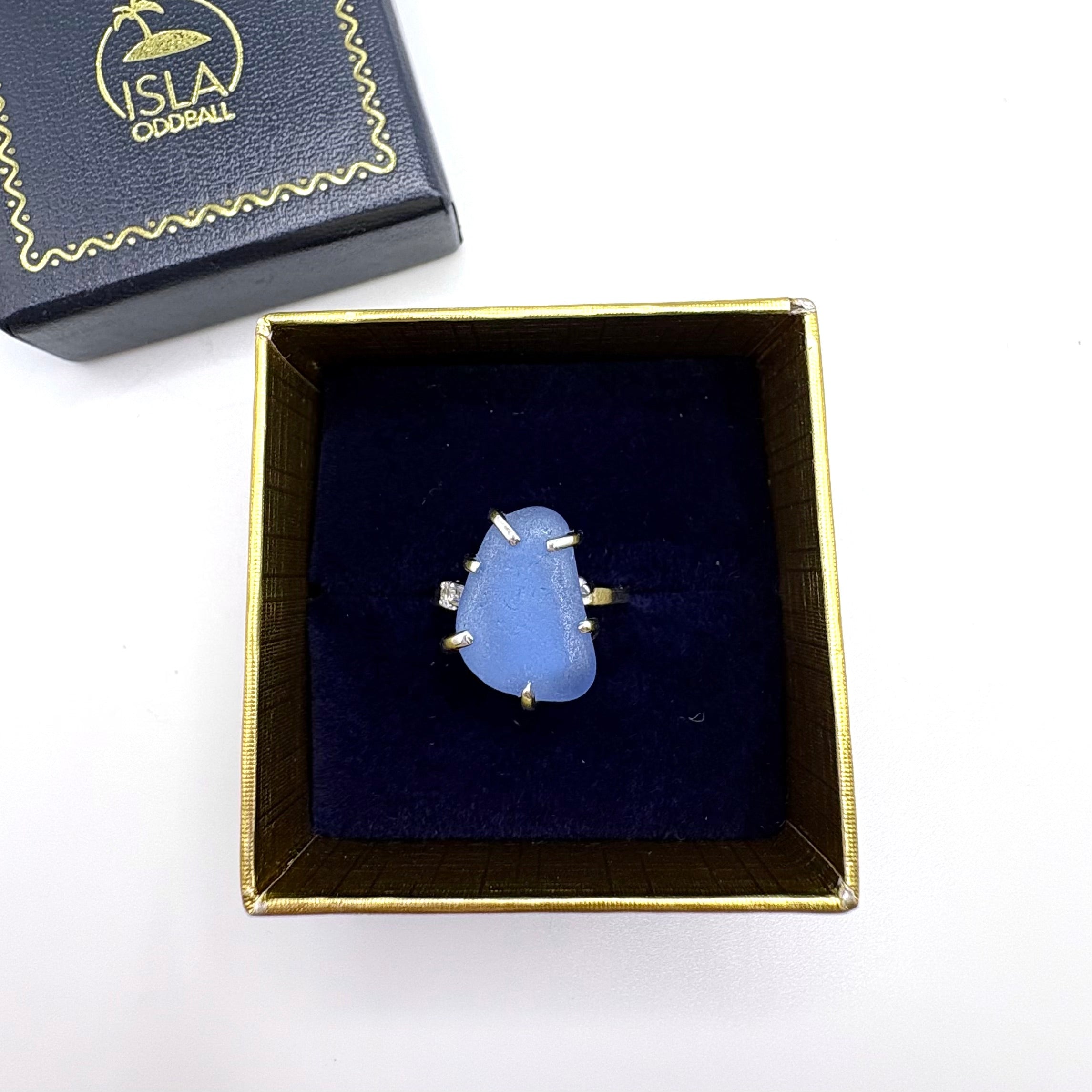 Cornflower Blue Sea Glass ring in Sterling Silver with 2mm Topaz - Isla Oddball