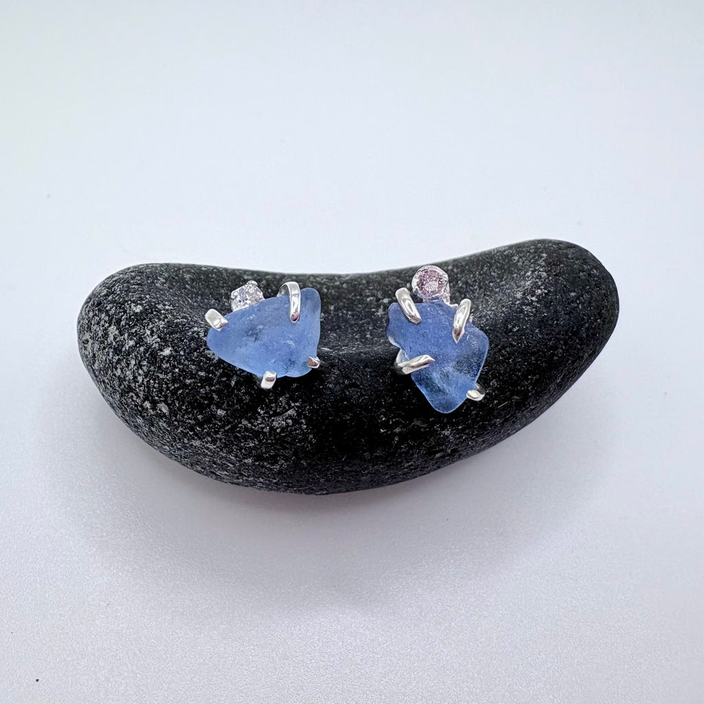 Cornflower Blue Seaglass Earrings in Topaz Sterling Silver Stud Design