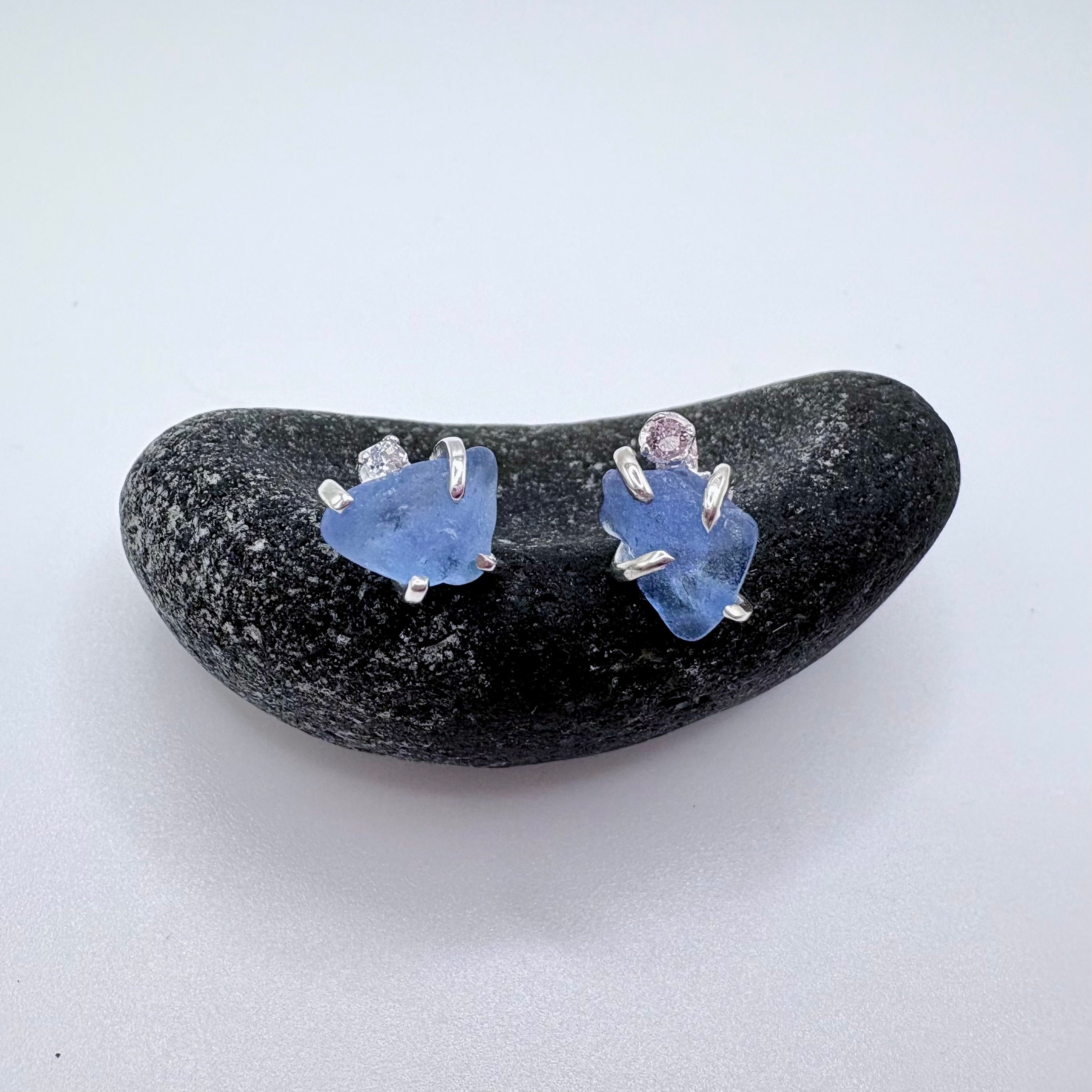 Cornflower Blue Seaglass Earrings in Topaz Sterling Silver Stud Design