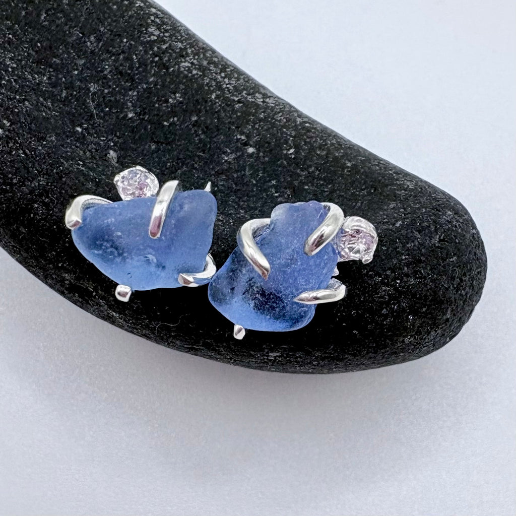Cornflower Blue Seaglass Earrings in Topaz Sterling Silver Stud Design