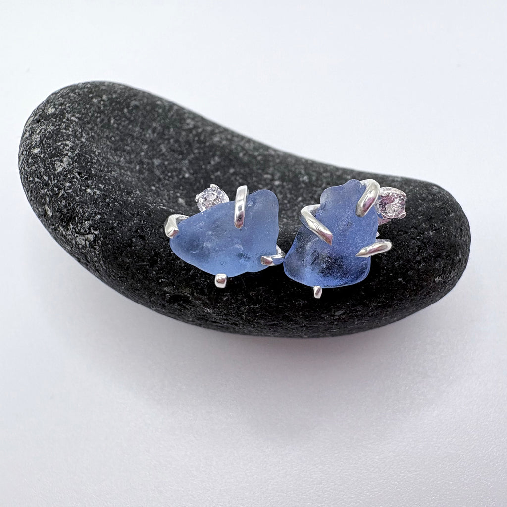 Cornflower Blue Seaglass Earrings in Topaz Sterling Silver Stud Design
