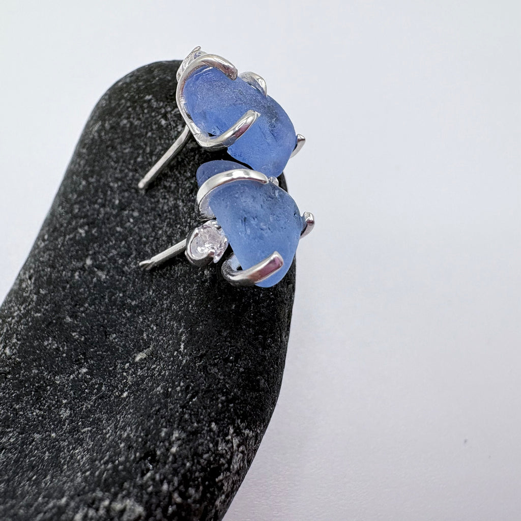 Cornflower Blue Seaglass Earrings in Topaz Sterling Silver Stud Design