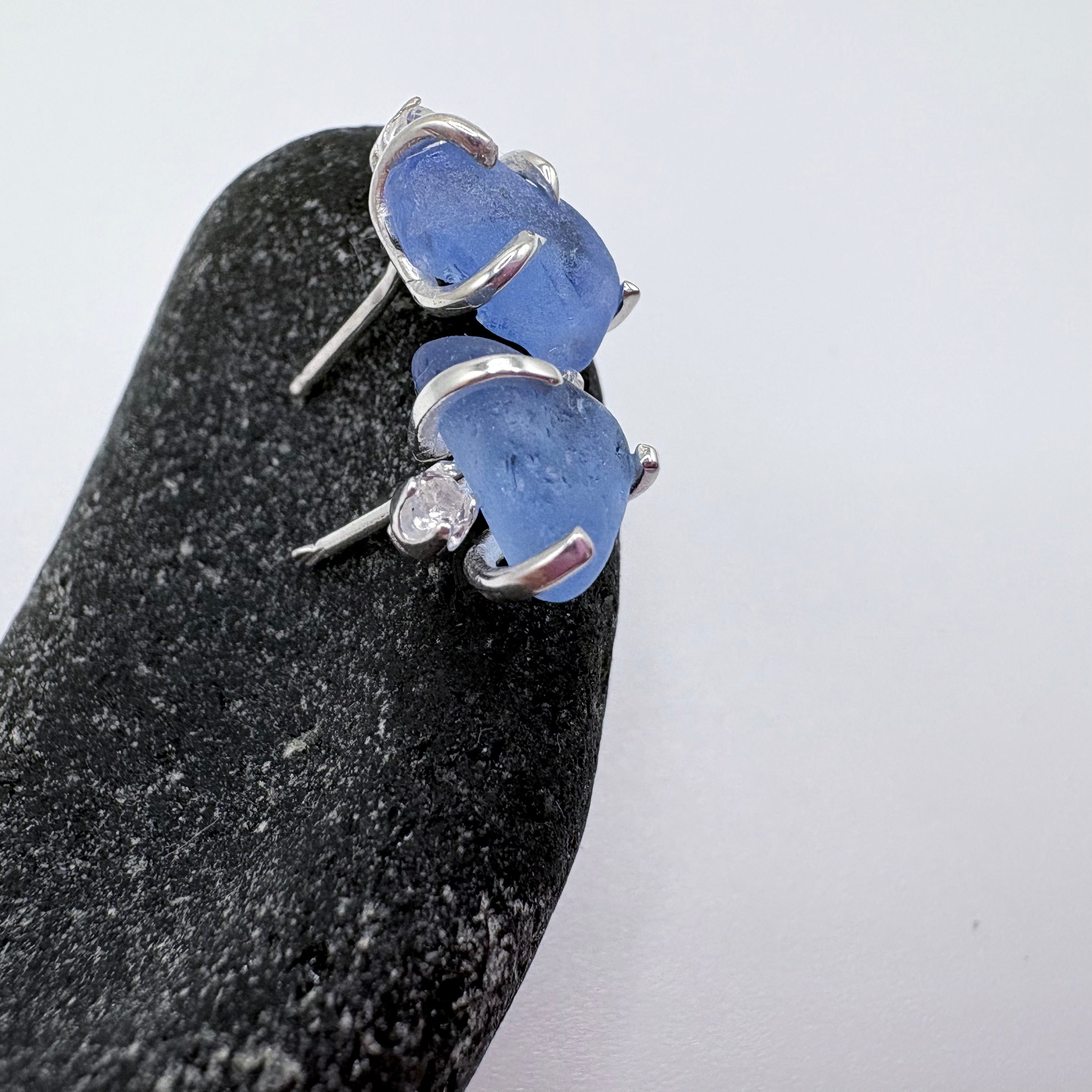 Cornflower Blue Seaglass Earrings in Topaz Sterling Silver Stud Design