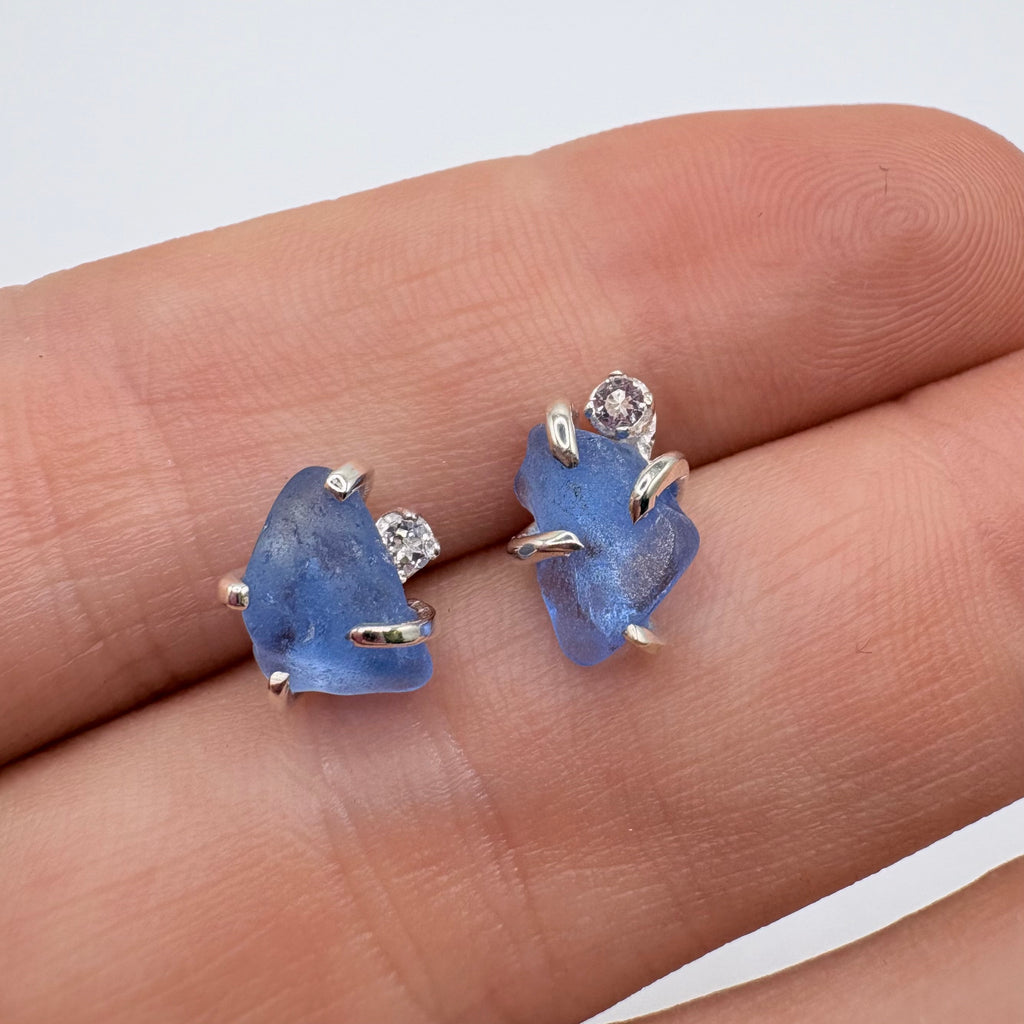 Cornflower Blue Seaglass Earrings in Topaz Sterling Silver Stud Design