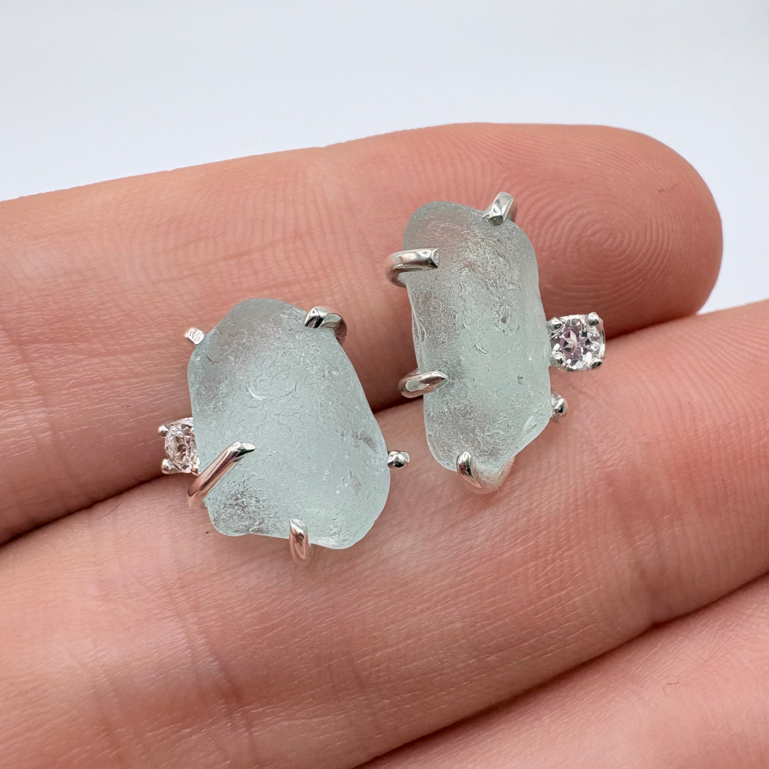Light Blue Seaglass Earrings with Topaz Sterling Silver Studs