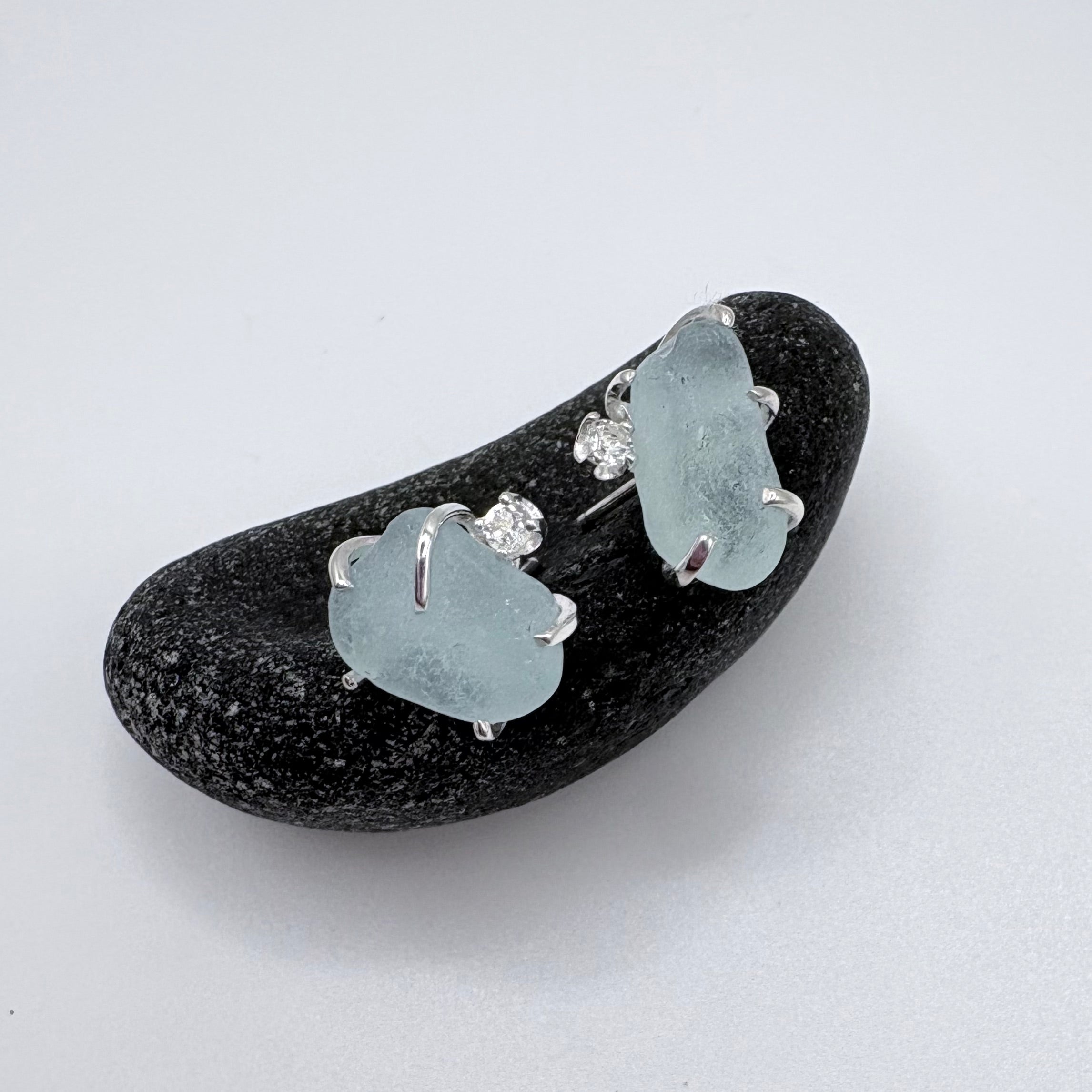 Light Blue Seaglass Earrings with Topaz Sterling Silver Studs