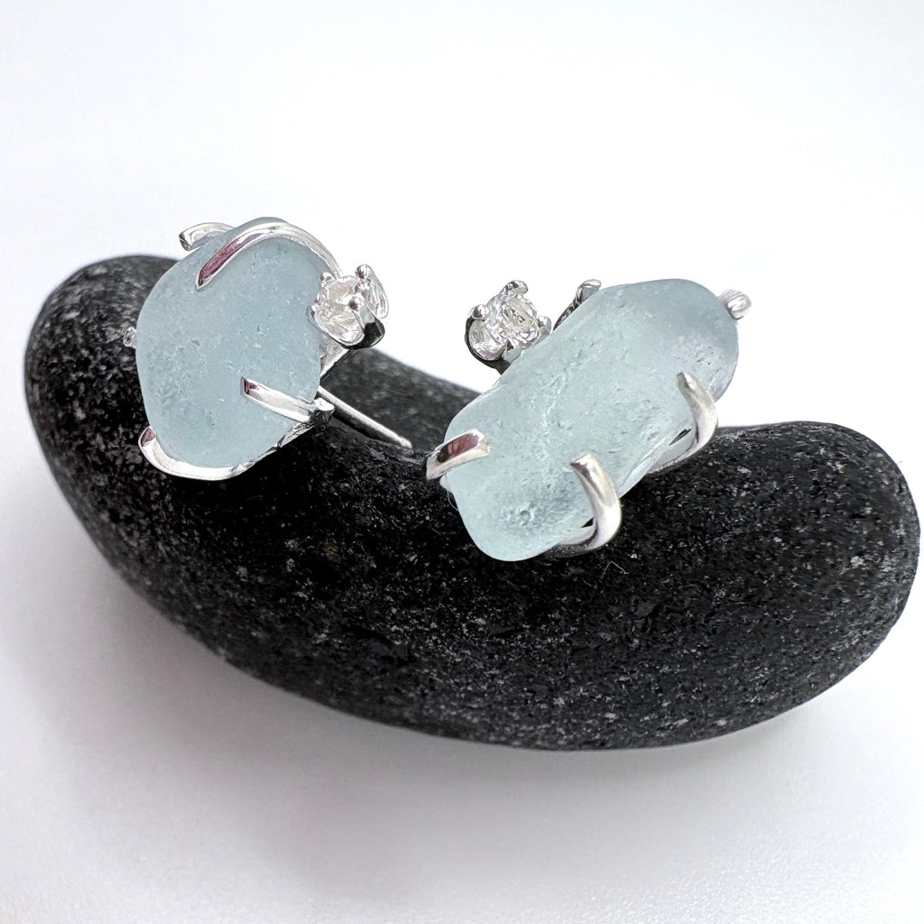 Light Blue Seaglass Earrings with Topaz Sterling Silver Studs