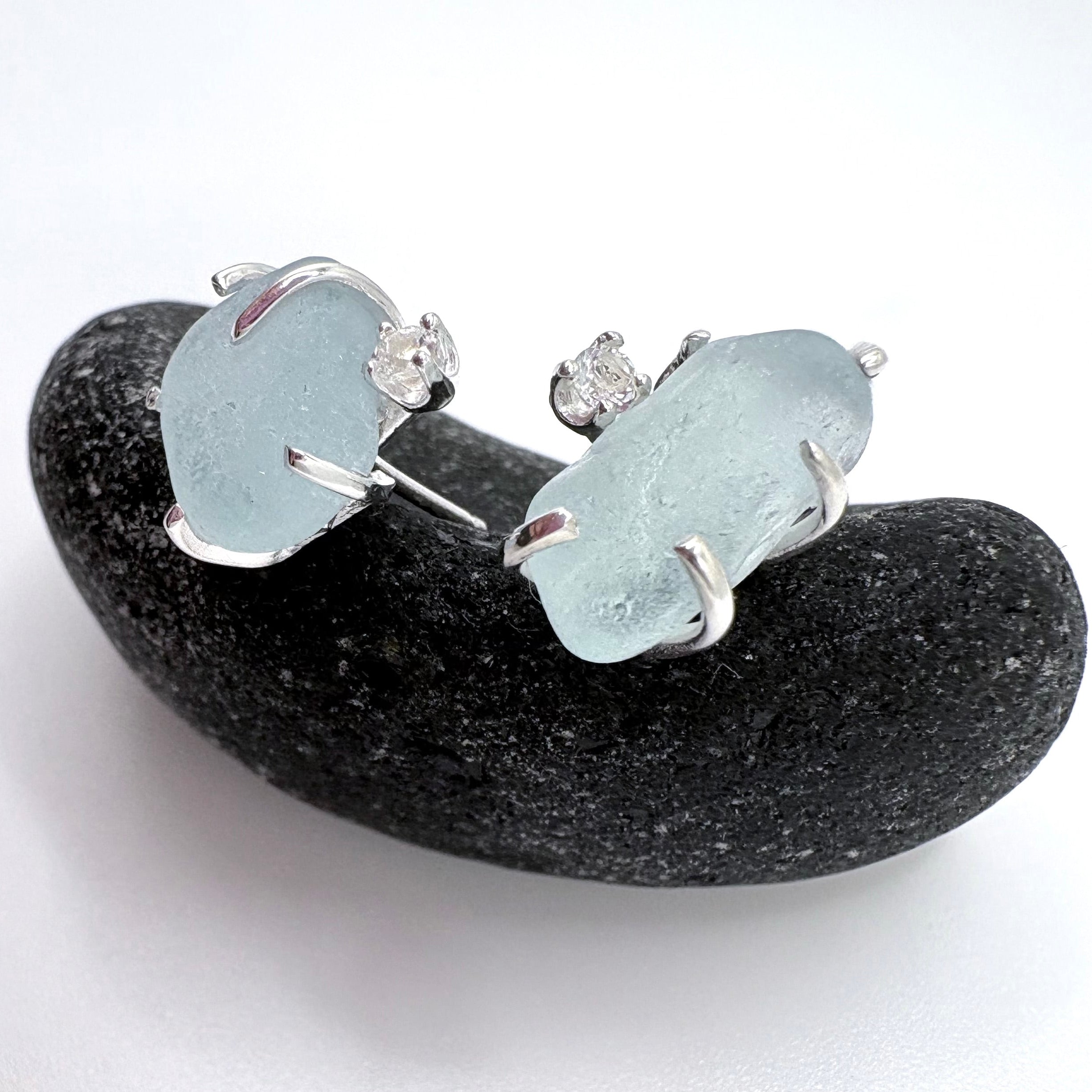 Light Blue Seaglass Earrings with Topaz Sterling Silver Studs