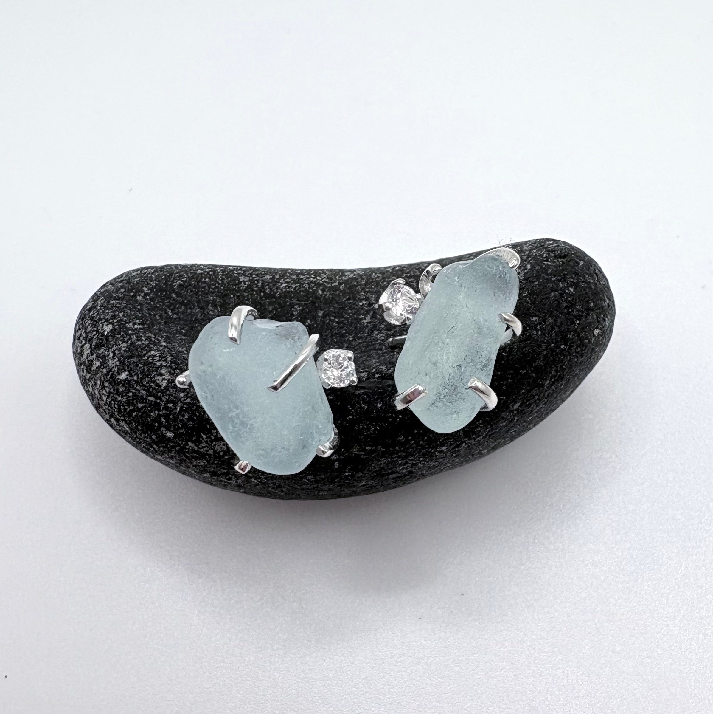 Light Blue Seaglass Earrings with Topaz Sterling Silver Studs