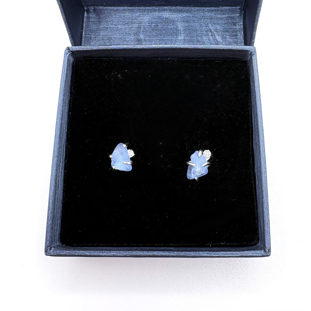 Cornflower Blue Seaglass Earrings in Topaz Sterling Silver Stud Design
