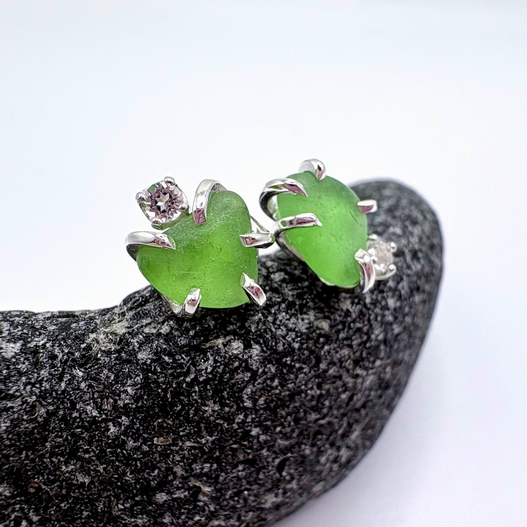 Green Seaglass Earrings in Topaz Sterling Silver Stud Design