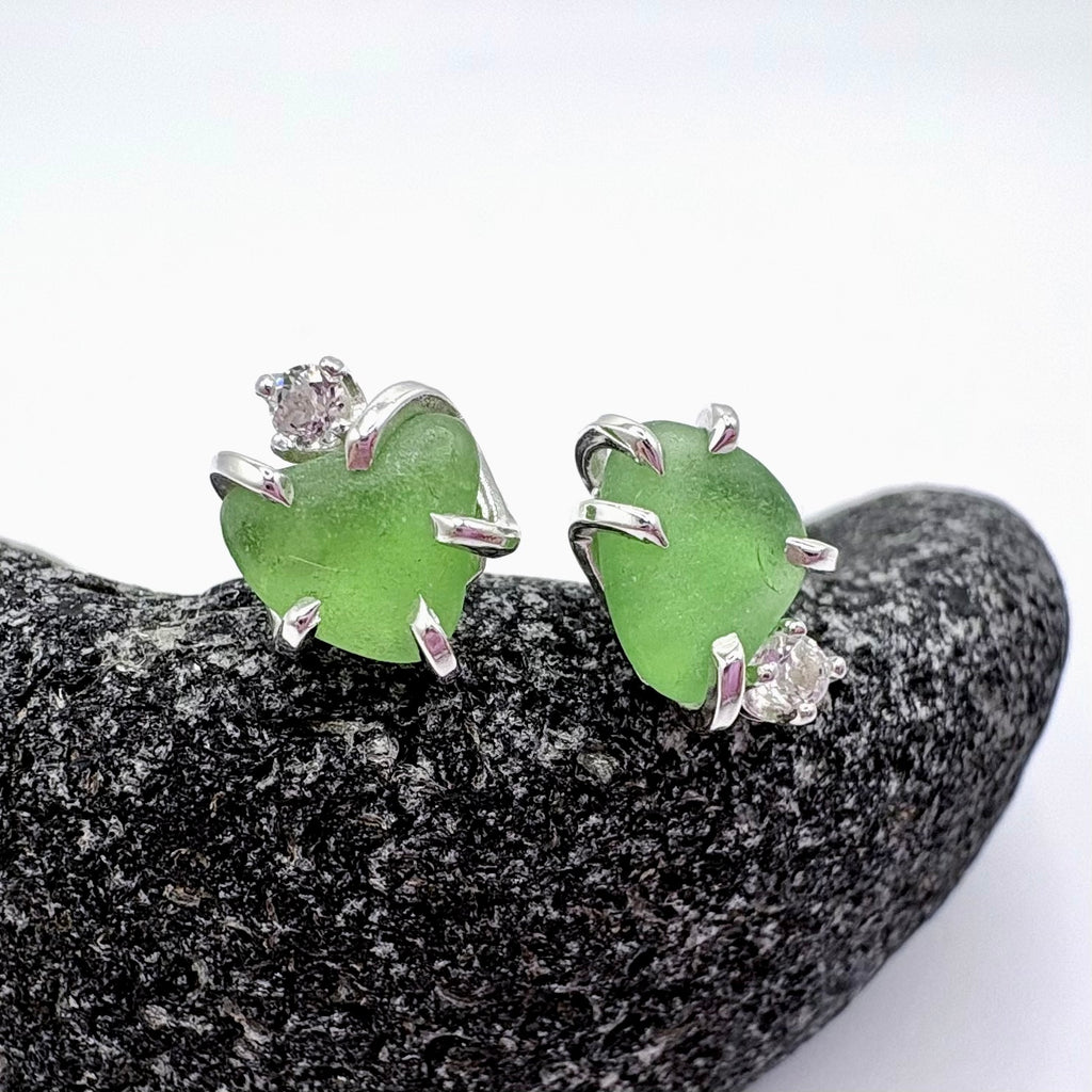 Green Seaglass Earrings in Topaz Sterling Silver Stud Design