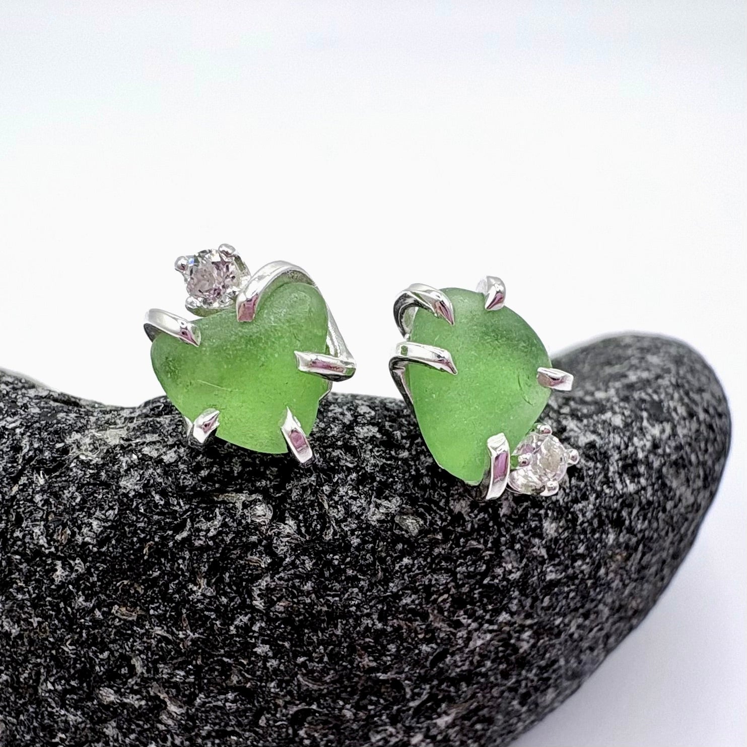 Green Seaglass Earrings in Topaz Sterling Silver Stud Design