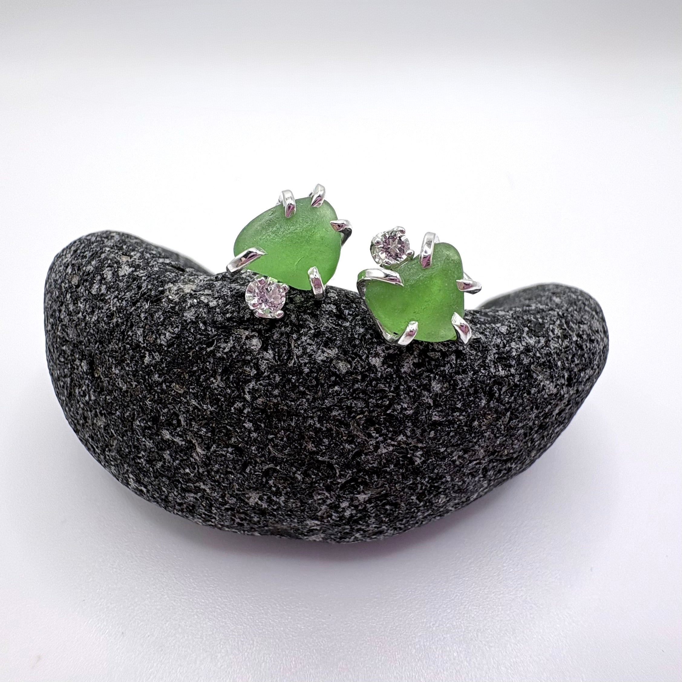 Green Seaglass Earrings in Topaz Sterling Silver Stud Design