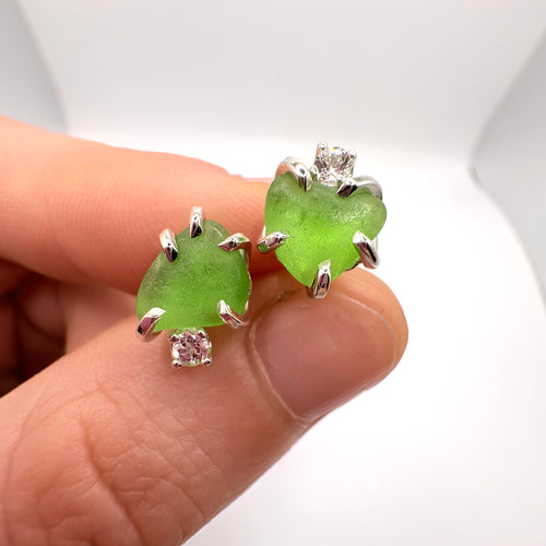 Green Seaglass Earrings in Topaz Sterling Silver Stud Design