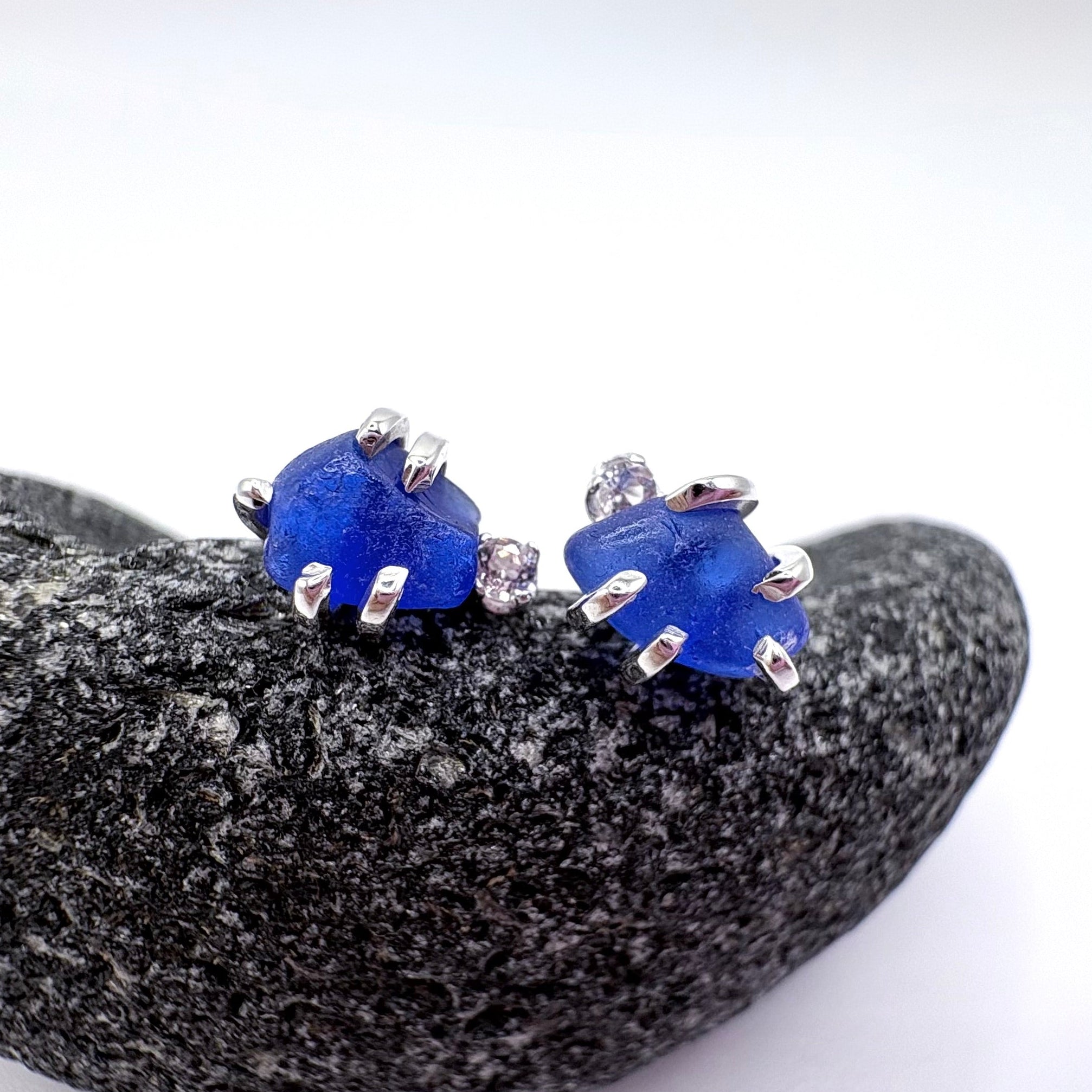 Cobalt Blue Seaglass Earrings in Topaz Sterling Silver Stud Design