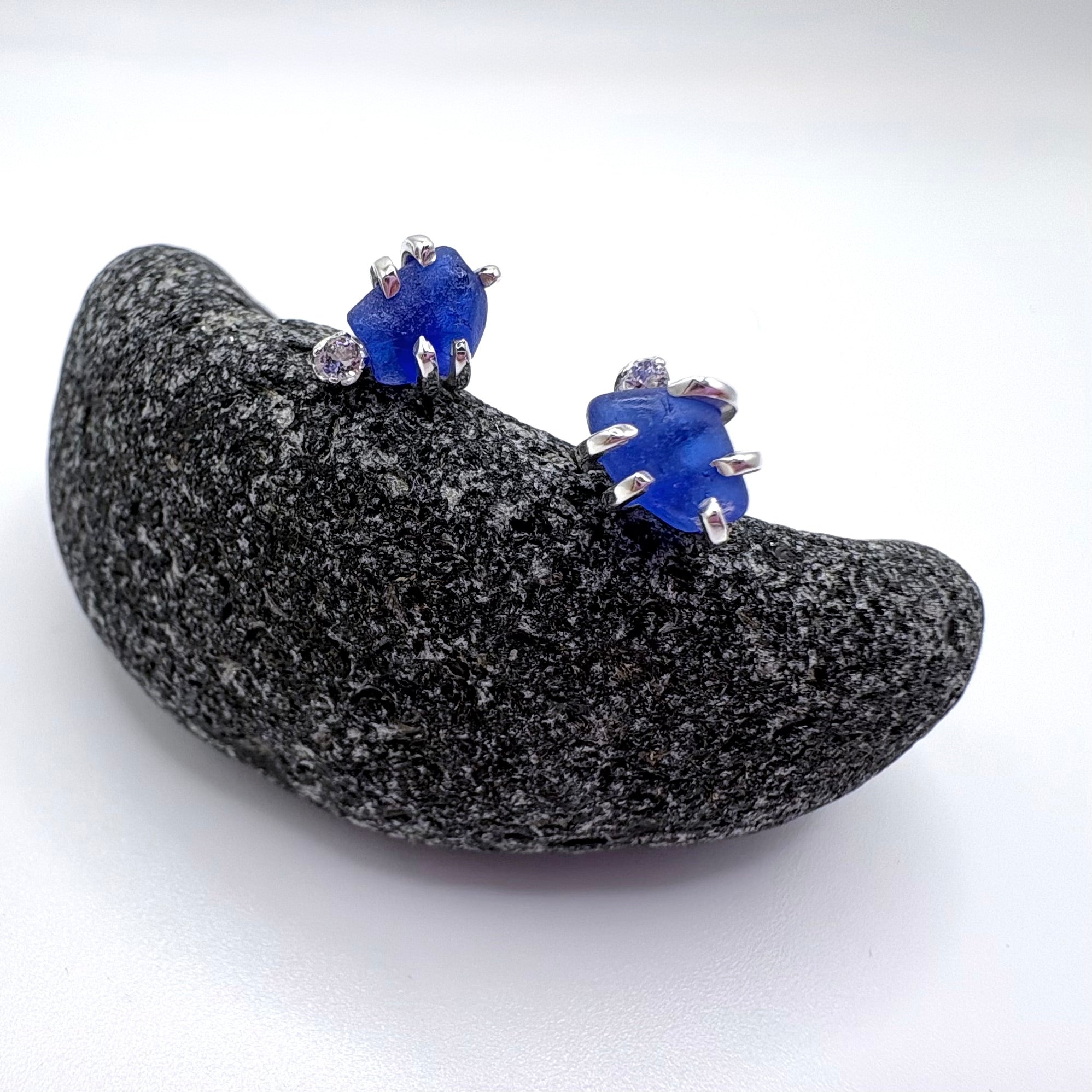 Cobalt Blue Seaglass Earrings in Topaz Sterling Silver Stud Design
