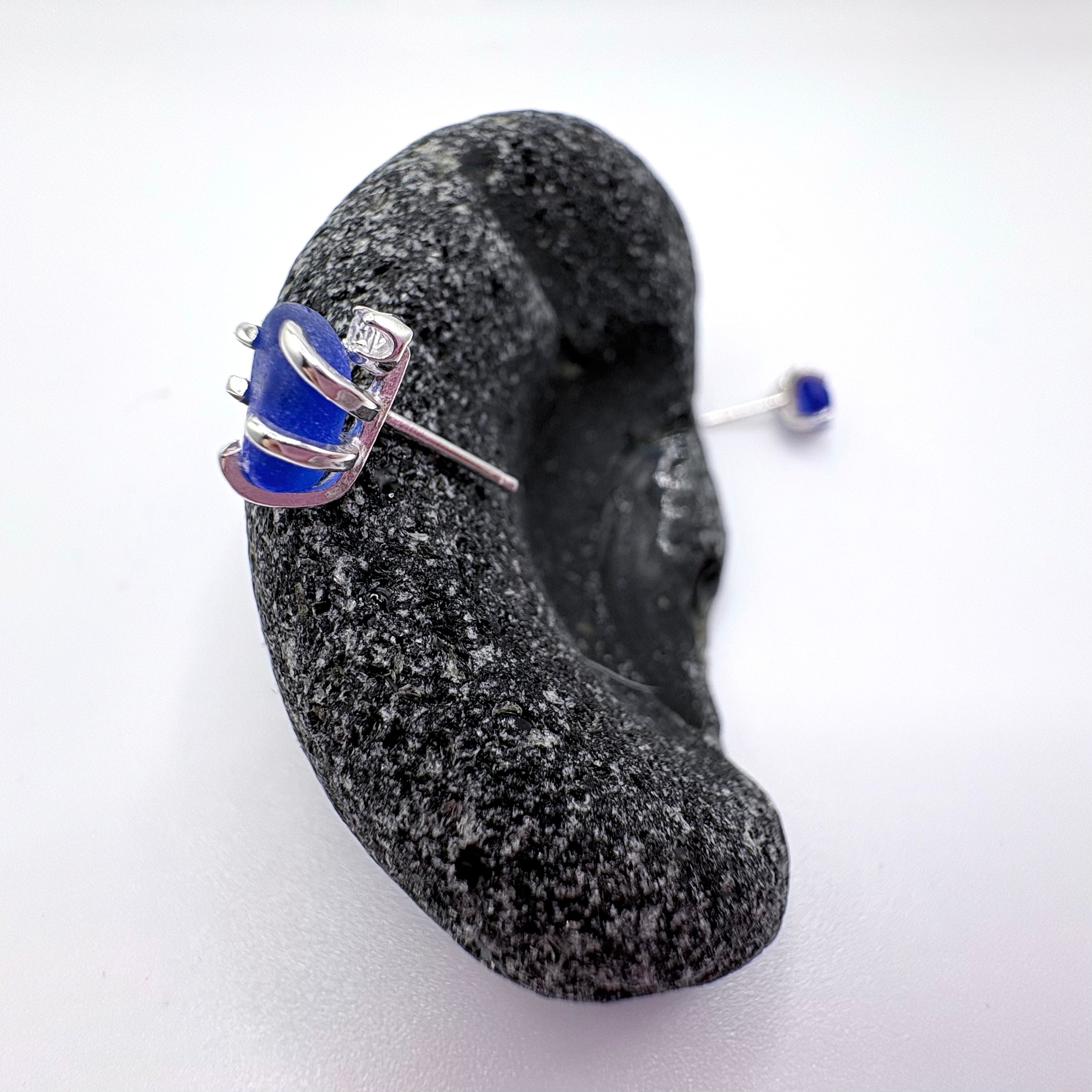 Cobalt Blue Seaglass Earrings in Topaz Sterling Silver Stud Design