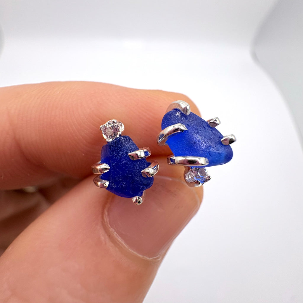 Cobalt Blue Seaglass Earrings in Topaz Sterling Silver Stud Design