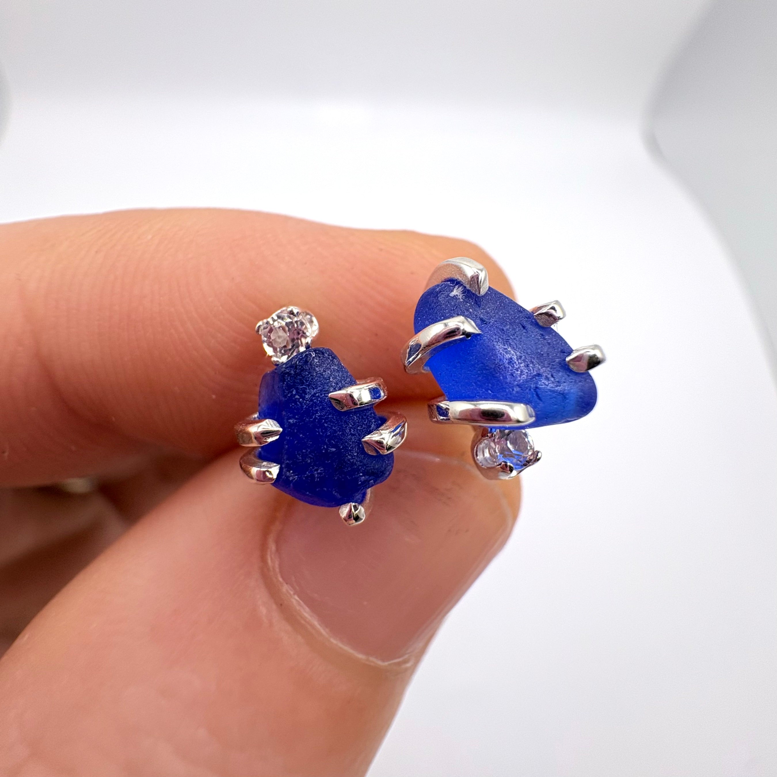 Cobalt Blue Seaglass Earrings in Topaz Sterling Silver Stud Design