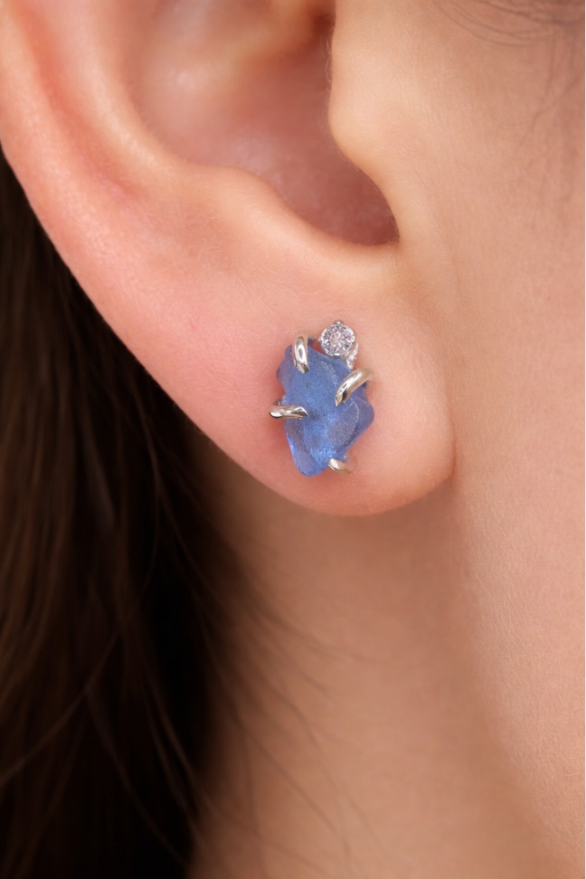 Cornflower Blue Seaglass Earrings in Topaz Sterling Silver Stud Design